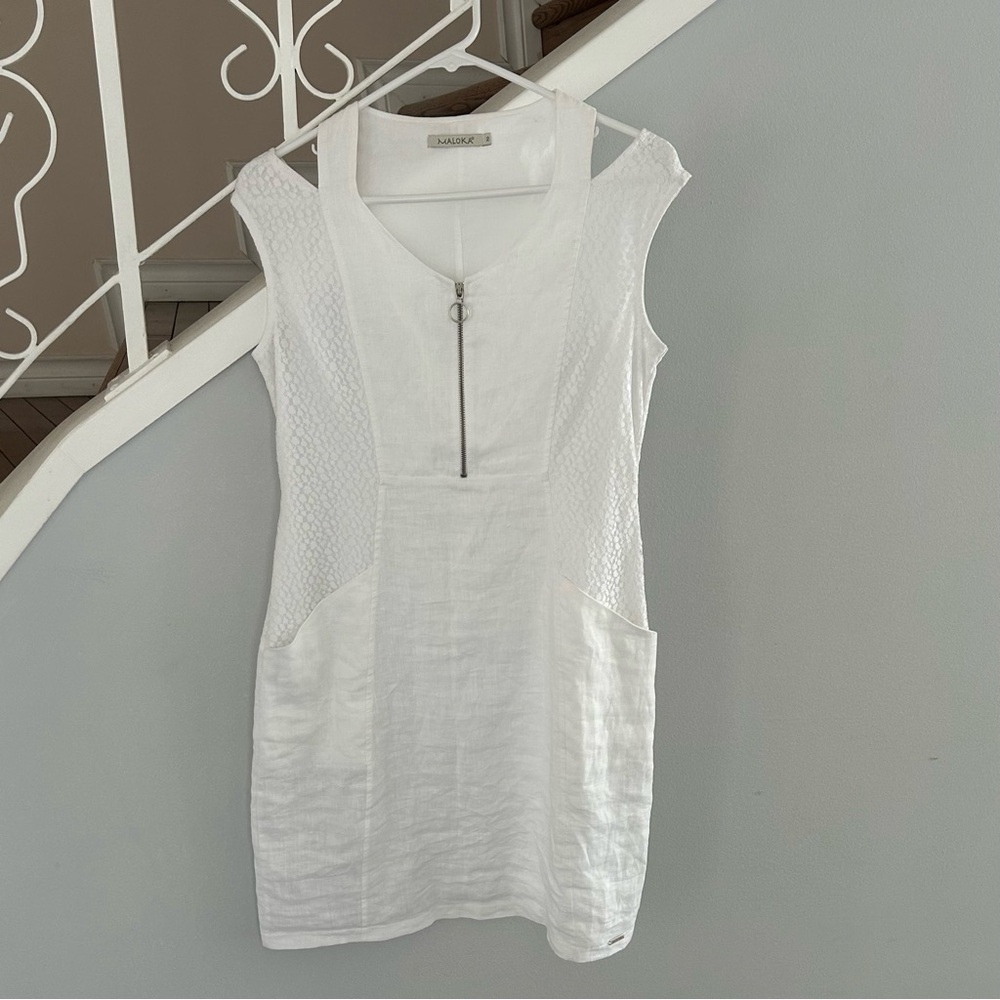 Maloka Elegant White Sleeveless Linen Dress, Size 2